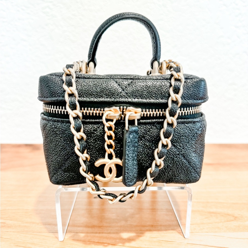 Chanel Top Handle Zip Around Vanity Case with Chain Quilted Caviar Mini GHW